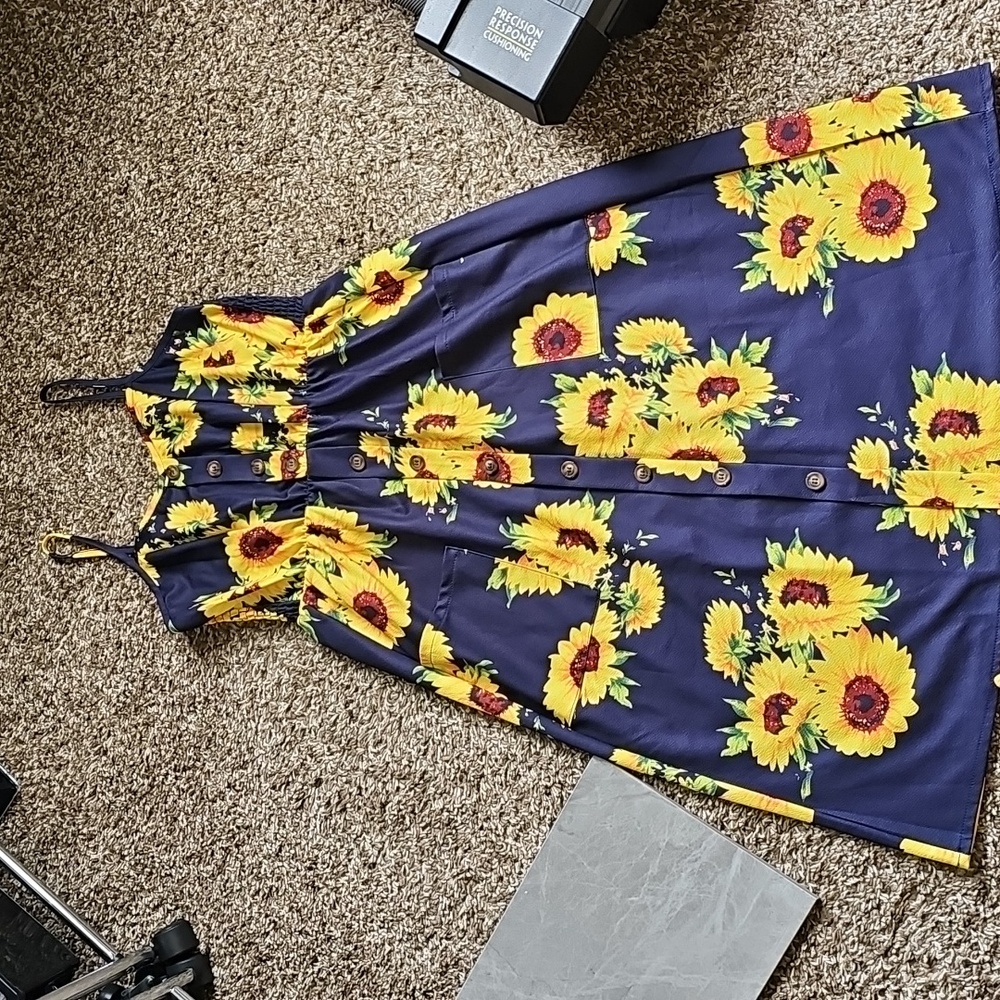 Like New Navy Sunflower Print Summer Sleeveless Dress With Pockets Size Large